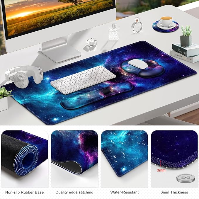 Gaming Mouse Pad, Large Desk Mat, Cute Desk Pad Protector, 4in1 XXL Mousepad + Keyboard Wrist Rest+Mouse Wrist Rest+Coaster Set with Ergonomic Desk Pad for Home Office Table Computer, Galaxy Space