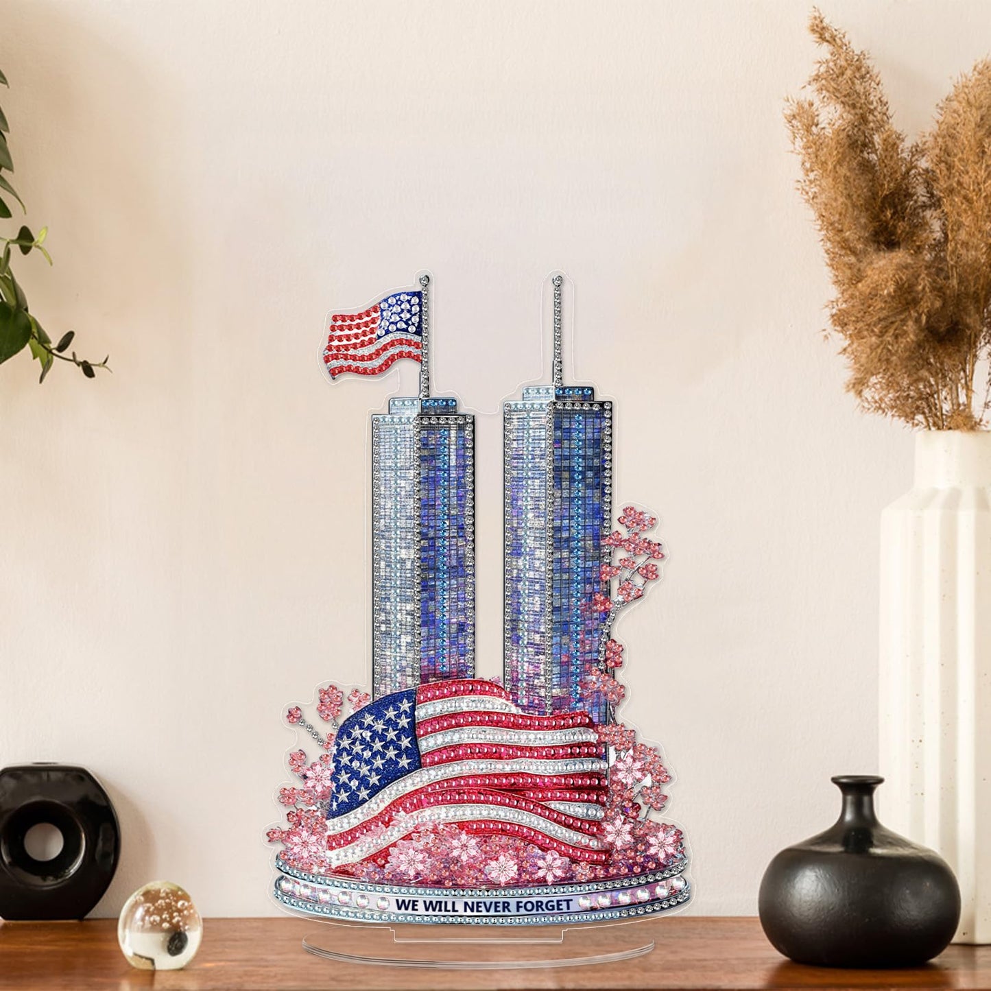 MAXBYE Twin Towers Tabletop Diamond Art Painting Kit, DIY 5D Diamond Painting Kits, Special Shaped Diamond Desktop Ornament, Home Stand Up Gem Painting Sculpture Craft Kit, Diamond Art Statues
