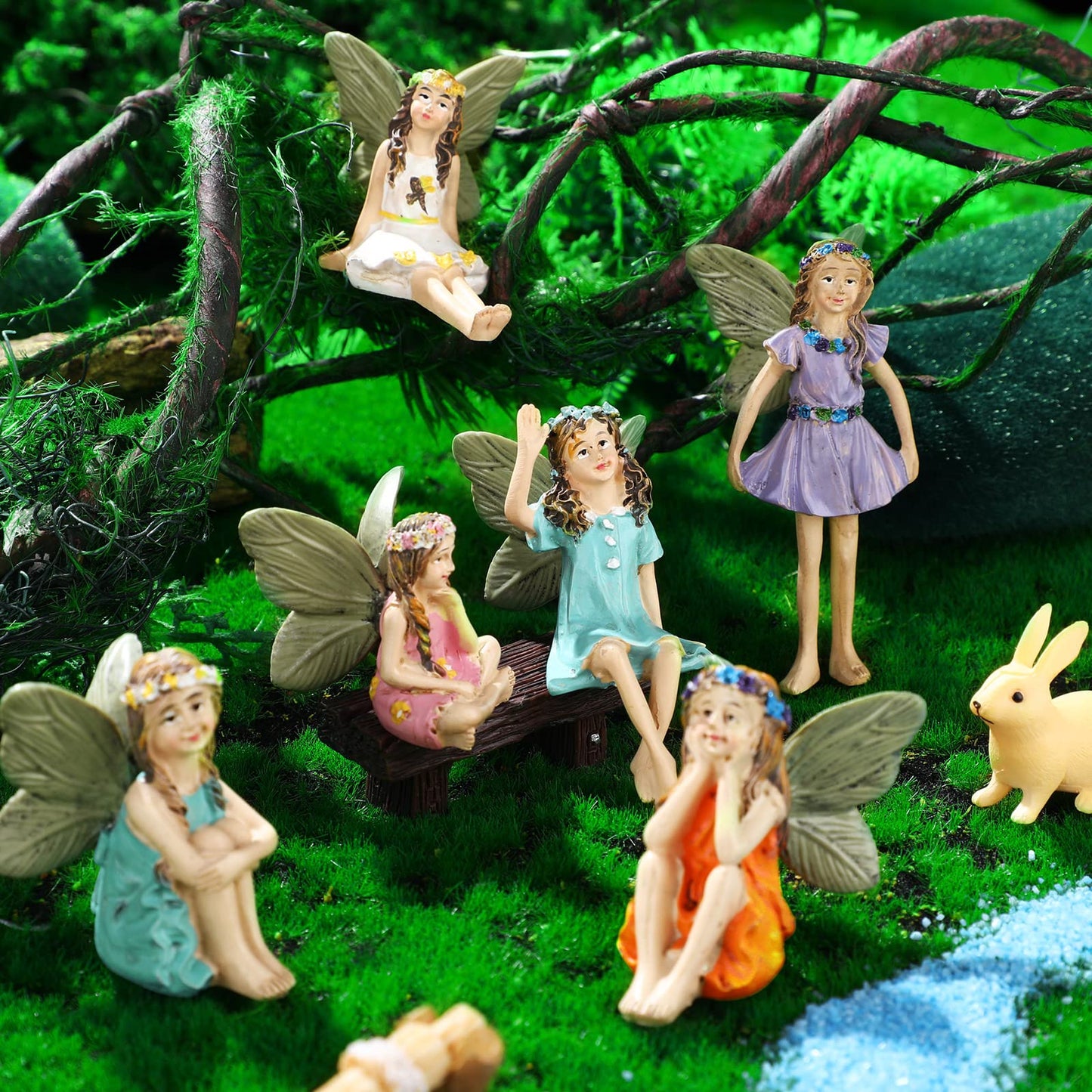 Roowest 19 Pcs Miniatures Garden Fairies Kit Garden Accessories Miniatures Bunny Squirrel Owl Animals Cute Tiny Mushroom Mini Pond Bridge Figurine for DIY Home Micro Landscape Terrarium Ornaments