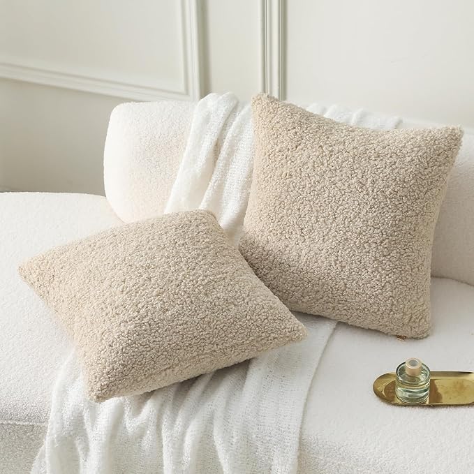 FUTEI Beige Throw Pillow Covers 18x18 Inch Set of 2,Furry Faux Fur Teddy Boucle Textured Cushion Covers,Soft Fluffy Decorative Pillow Case,Home Decor for Couch Bed Living Room Office Car
