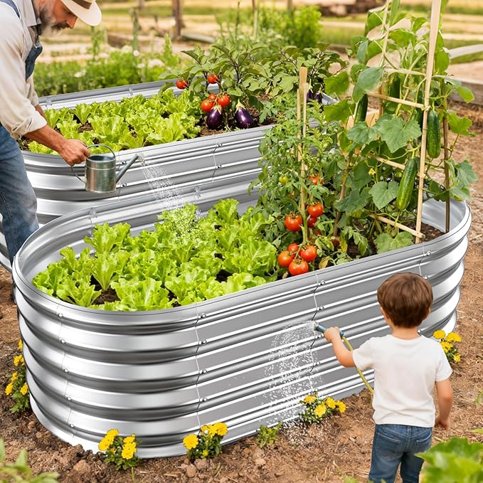 17" Tall Outdoor Garden Raised Garden Bed Kits, 4ft X 2ft Oval,0.8MM Thick Metal Raised Planter Bed/Ground Planter Box for Variety of Flowers,Herbs,Vegetables (Silver, 48X24X16.5 Inches)