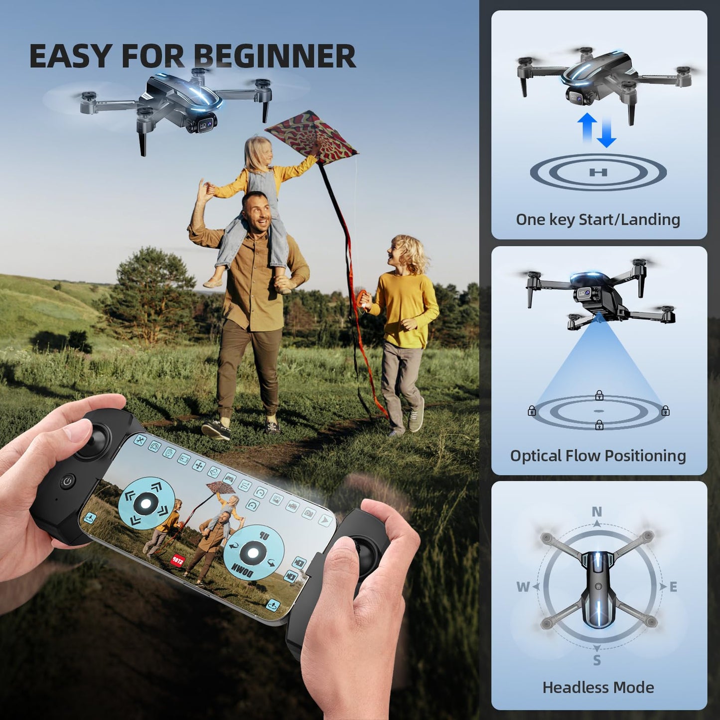 Drone with Camera for Adults Beginners Kids, Fun 1080P Foldable Mini Drone for Exciting Indoor Outdoor Play, RC Quadcopter with 2 Batteries, One Key Start, Easy to Fly, Altitude Hold, 3D Flips