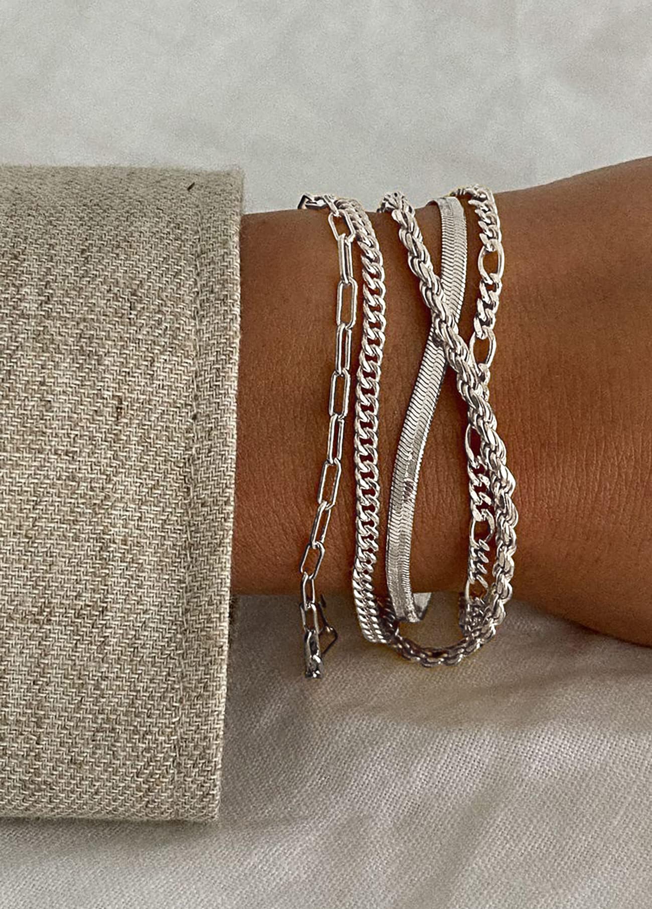 DEARMAY Silver Plated Chain Bracelets for Women Trendy Silver Jewelry Set Cuban Link Bracelets Figaro Paperclip Rope Herringbone Bracelet Pack Gifts