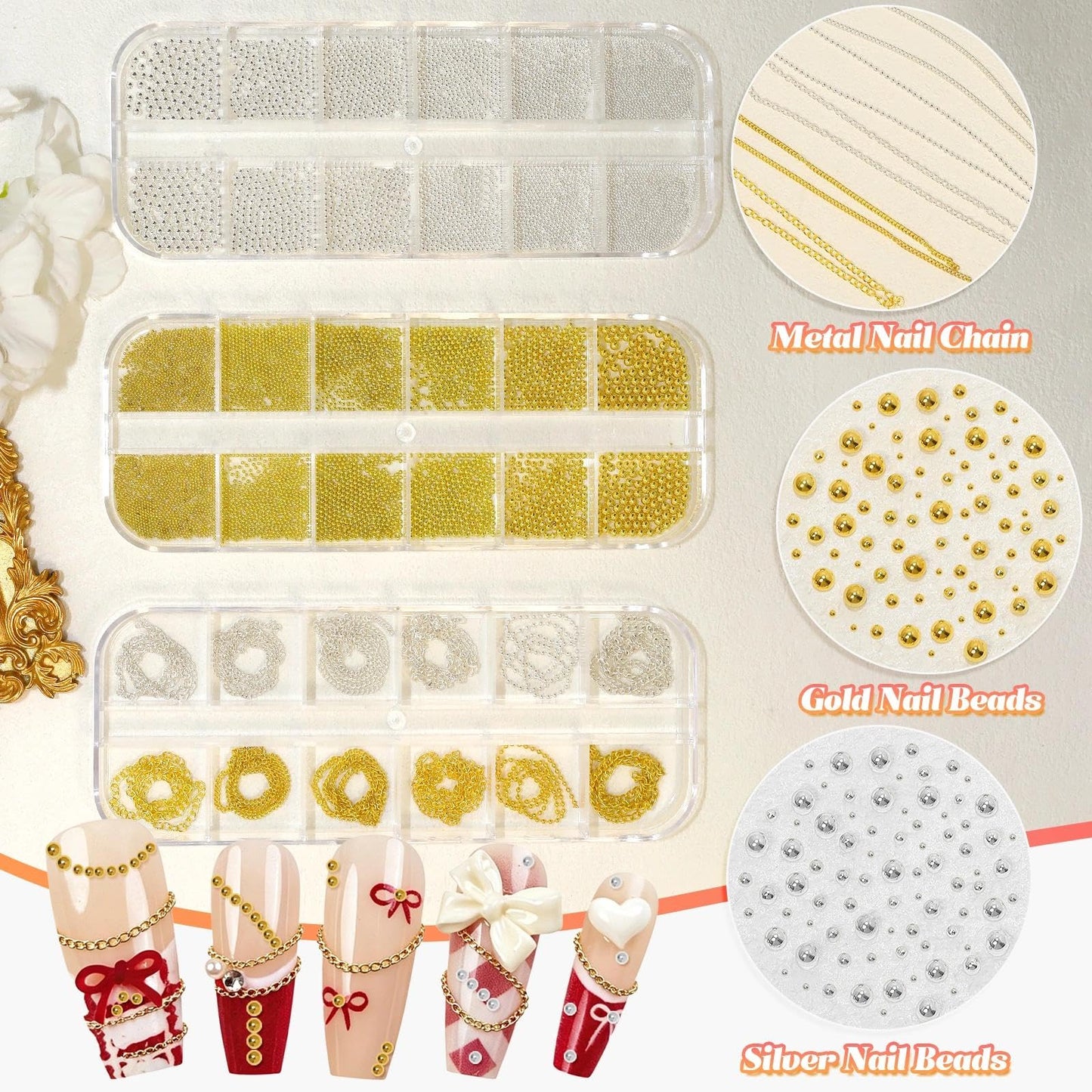3 Boxes Caviar Metal Nail Beads, Gold Silver Nail Chains, Mix Sizes 0.6-2mm Round Gold Silver Caviar Beads for Acrylic Nails Art DIY Crafts Embellishment Making