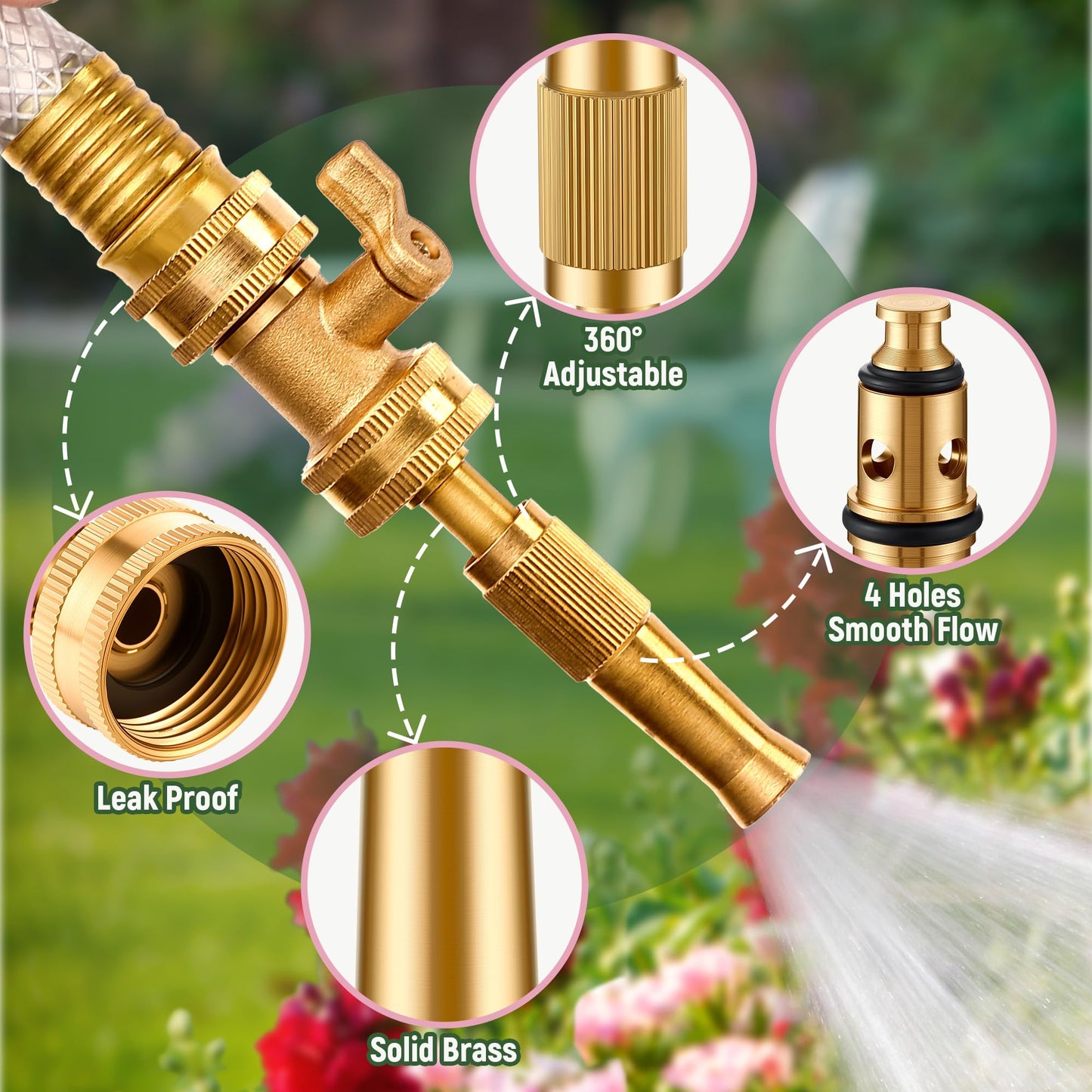 Dunkive Adjustable Twist Hose Nozzle, Heavy duty Brass Garden Hose Nozzle, Solid Shut off Valve, Varied Water regulation mode, Leakproof Design 3/4" GHT Connector with 5 Extra Rubber Washers