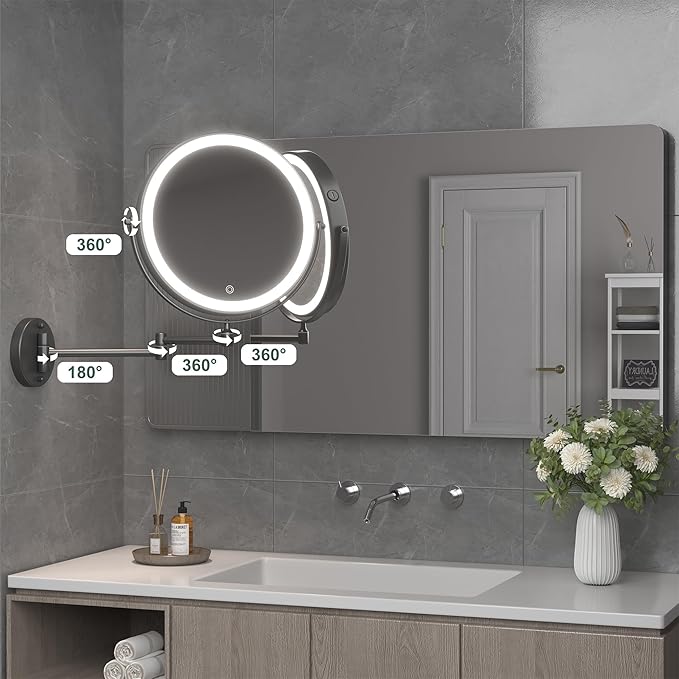 Hasipu 10-Inch Wall Mounted Makeup Mirror with Magnification, Rechargeable 3000 mAh Vanity Mirror with Lights, Bathroom Mirror with Dimmable Brightness, 3 Lighting Modes, Extendable Arm, Black