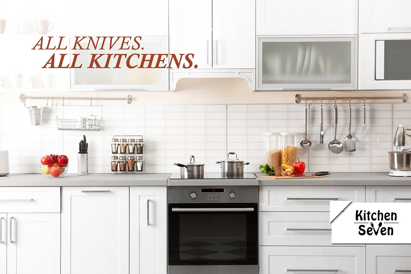 Kitchen Seven Universal Knife Block - Stainless Steel Kitchen Knife Holder Without Knives - Round Space -Saver Knife Storage Stand safely stores knives while keeping blades clean and sharp