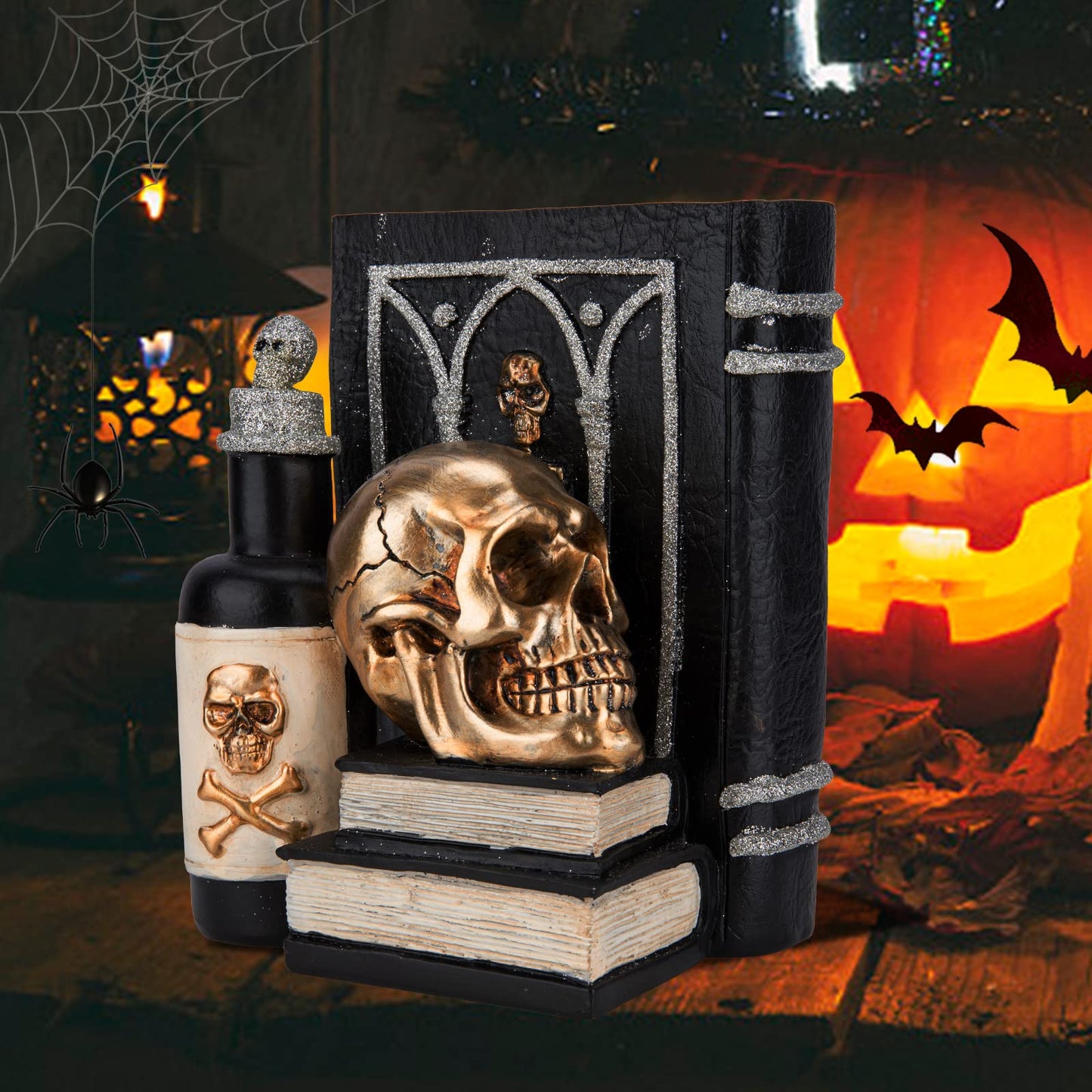 Ovewios Halloween Skull Decor, Gothic Skeleton Heads and Book Resin Statue, Collectible Figurines for Halloween Decor Unique Gifts for Home Decorations 9.2"