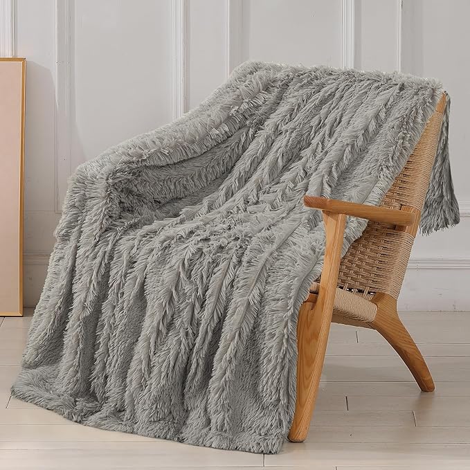 Tuddrom Decorative Extra Soft Fuzzy Faux Fur Throw Blanket 50" x 60",Solid Reversible Long Hair Shaggy Blanket,Fluffy Cozy Plush Comfy Microfiber Fleece Blankets for Couch Sofa Bedroom,Quiet Grey