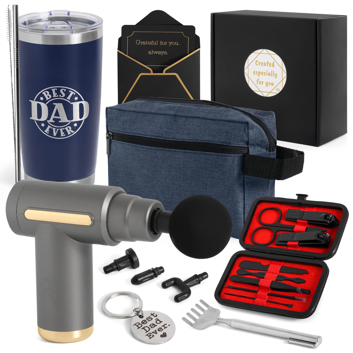 Fairly Dunn Luxury Dad Gift Box with Deep Tissue Massage Gun – Ultimate 7-Piece Birthday Set includes 20oz Tumbler, Toiletry Bag & Grooming Kit – Premium Father’s Day Gift Basket