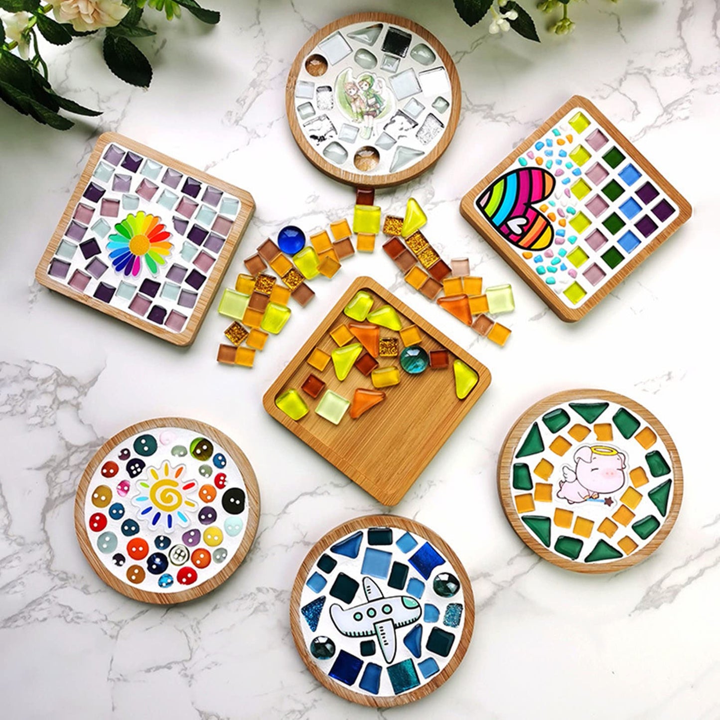 4PCS Mosaic Bamboo Coasters for Crafts, Blank Base Trays, Drinking Cup Coaster, Plant Coaster, Art Plate,DIY Mosaic Supplies (Heart)