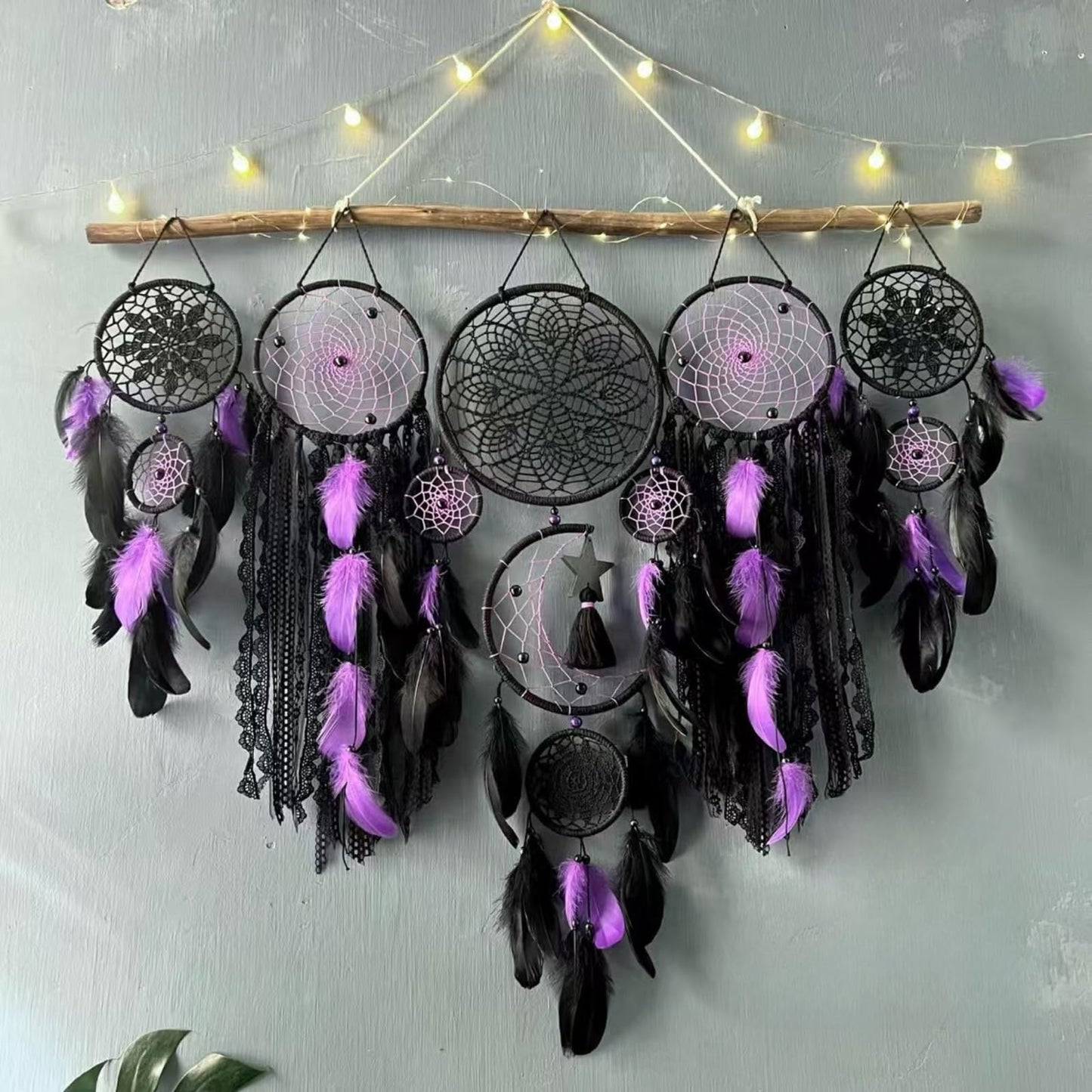 5 Pack Moon Phase Dreamcatcher Set Boho Wall Decor, Boho Macrame Wall Hanging Dream Catchers, for Home, Bedroom, Living Room, Witchy Gifts (Black Purple)