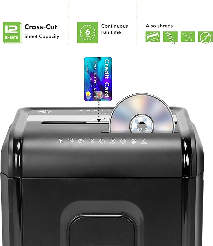 Aurora AU1260XA Anti-Jam 12-Sheet Crosscut Paper and CD/Credit Card Shredder