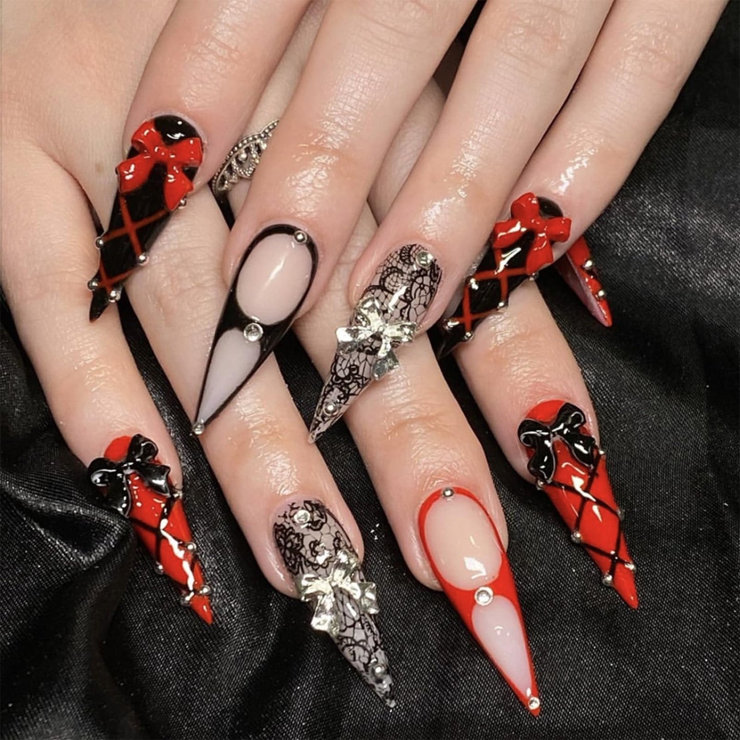 IMRAIN Long Press on Nails Stiletto Fake Nails Red Black False Nails Glossy Acrylic Full Cover Stick on Nails for Women Manicure 24Pcs