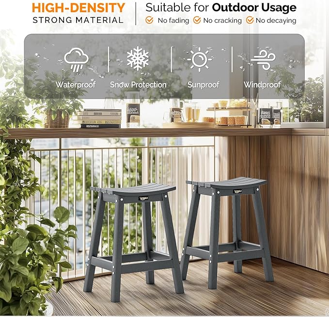 VINGLI 24 Inch Outdoor Bar Stools Set of 2, HDPE Weather Resistance Counter Height Bar Stools Durable Patio Chairs for Bar, Kitchen Counter, Yard (Gray, 24 Inch 2PC)