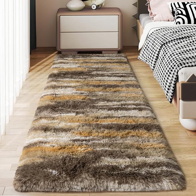 Soft Runner Rugs for Bedroom Hallways, 2x5 Abstract Brown Fluffy Shag Throw Area Rug Non Slip for Bedside Dorm, Long Shaggy Furry Carpet for Nursery Living Room