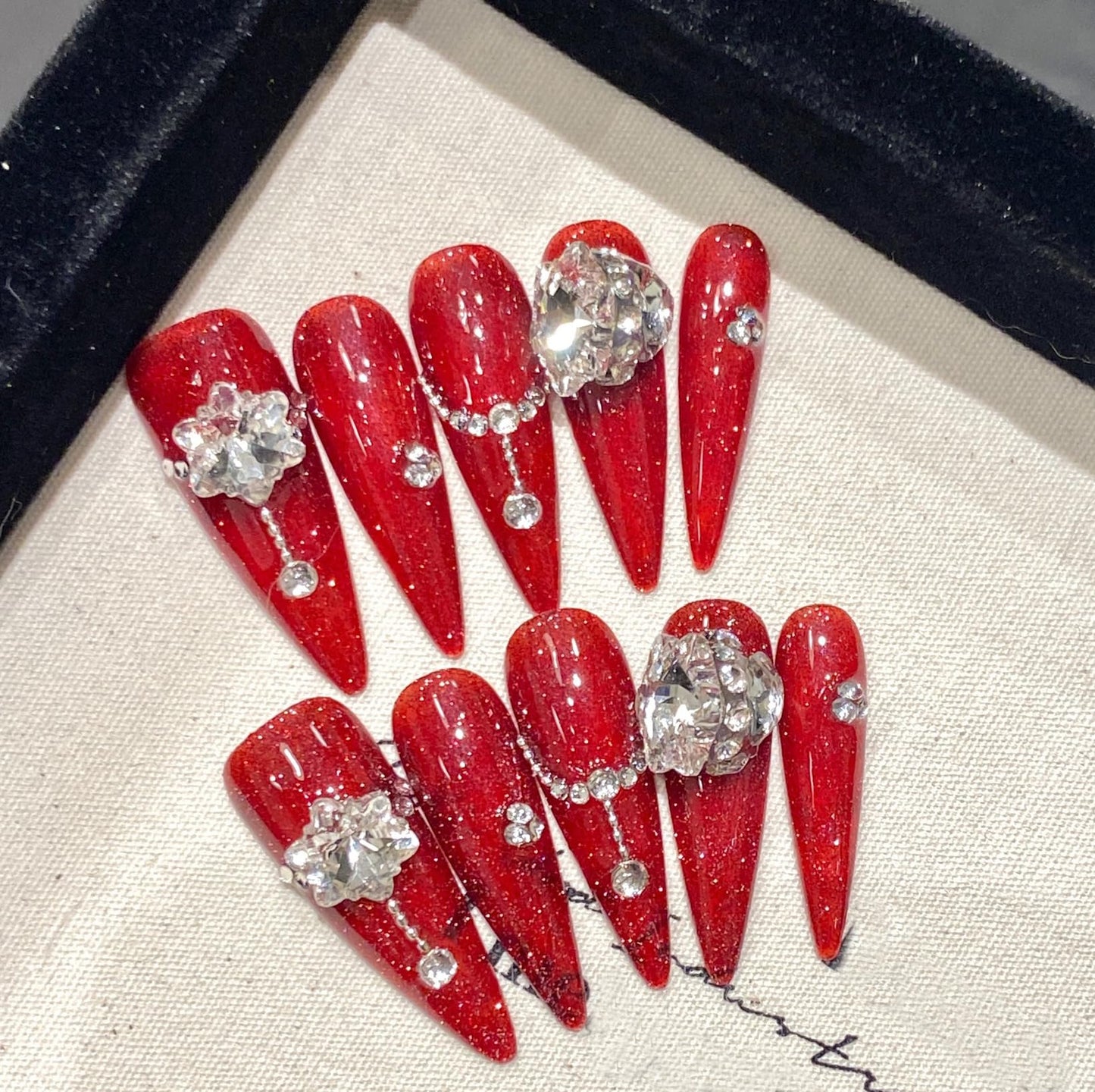 JIEADJIE Press On Nails (100% Handmade),Length Version,Handmade Painted Nail Art by Nail Technician,Luxury Party and Holiday Styles (Red Diamond, Medium)