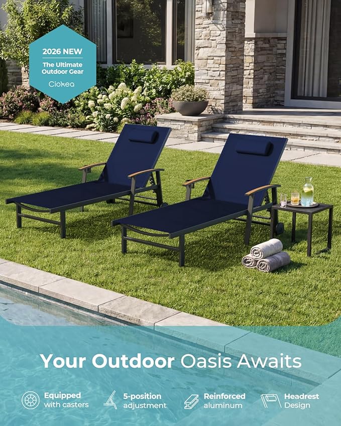 Ciokea Outdoor Lounge Chair with Pillow Set of 2, 5-Position Aluminum Chaise Lounge with Wheels & Armrests, 400 lbs Heavy Duty Patio Pool Chair for Backyard, Deck, Beach & Poolside, Navy Blue
