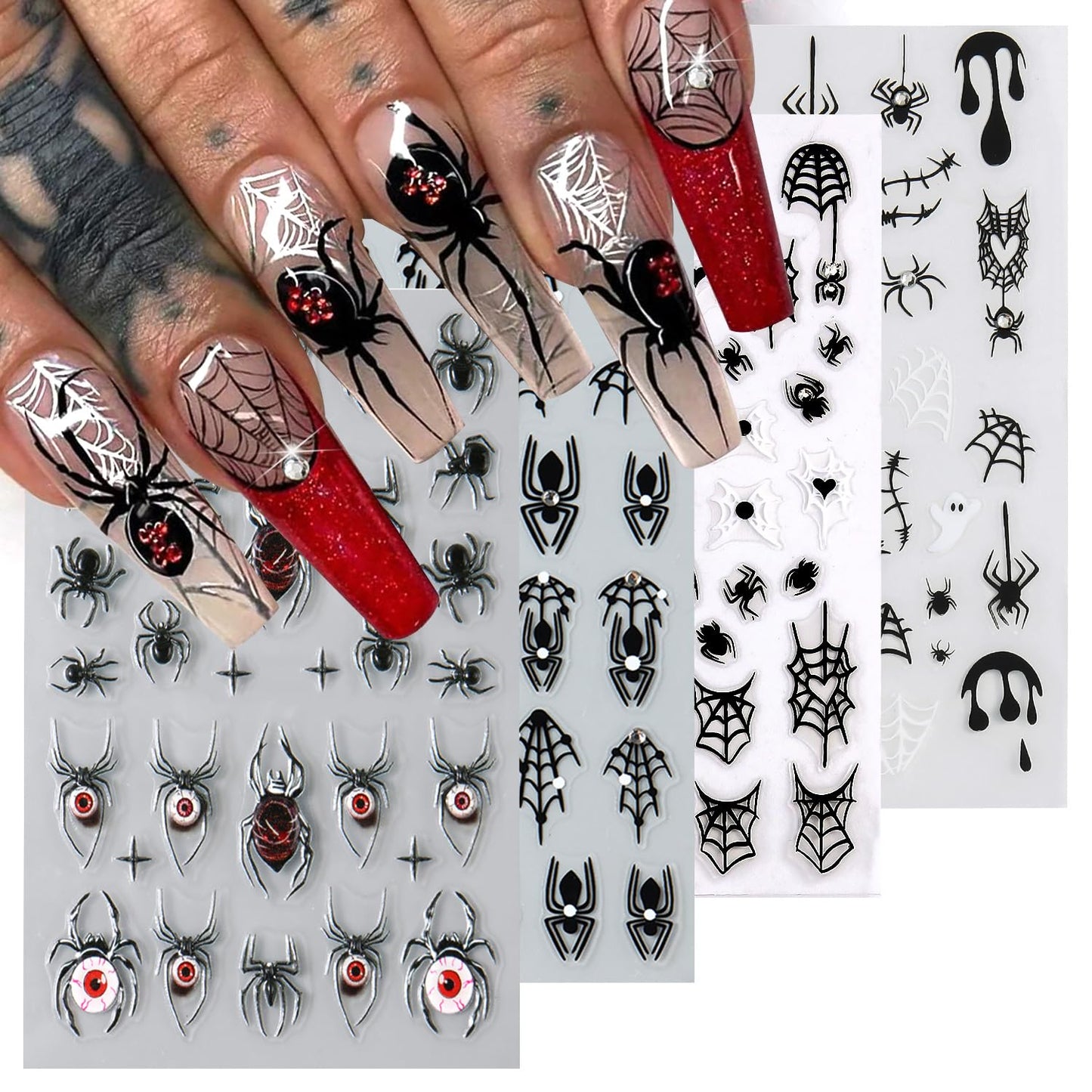 4 Sheets Halloween 5D Embossed Spider Nail Stickers for Nail Art Exquisite Glitter Rhinestones Nail Design Stickers Self-Adhesive Evil Eye Nail Decals Holiday Nail Art Decoration for Women DIY Set