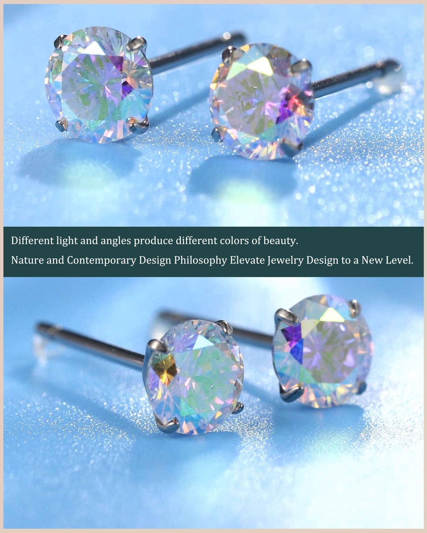 6 Pairs Stud Earrings Set, Hypoallergenic Cubic Zirconia Earrings 316L Stainless Steel CZ Earrings 3-8mm (A-Aurora Borealis CZ)