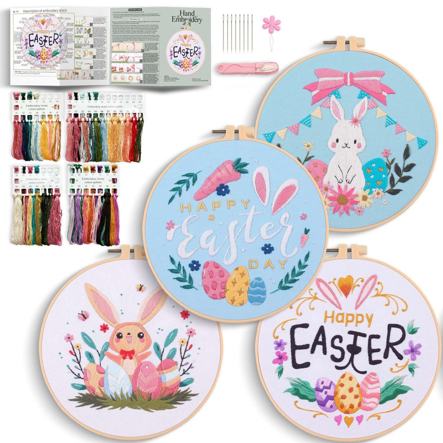 REEWISLY S166+169+170+171 4set 4set Beginner Embroidery Kit for Adults, 4 Floral Patterns with 2 Hoops, Embroidery Starter Kit with Needles & Floss, Cross Stitch Kits for Beginners