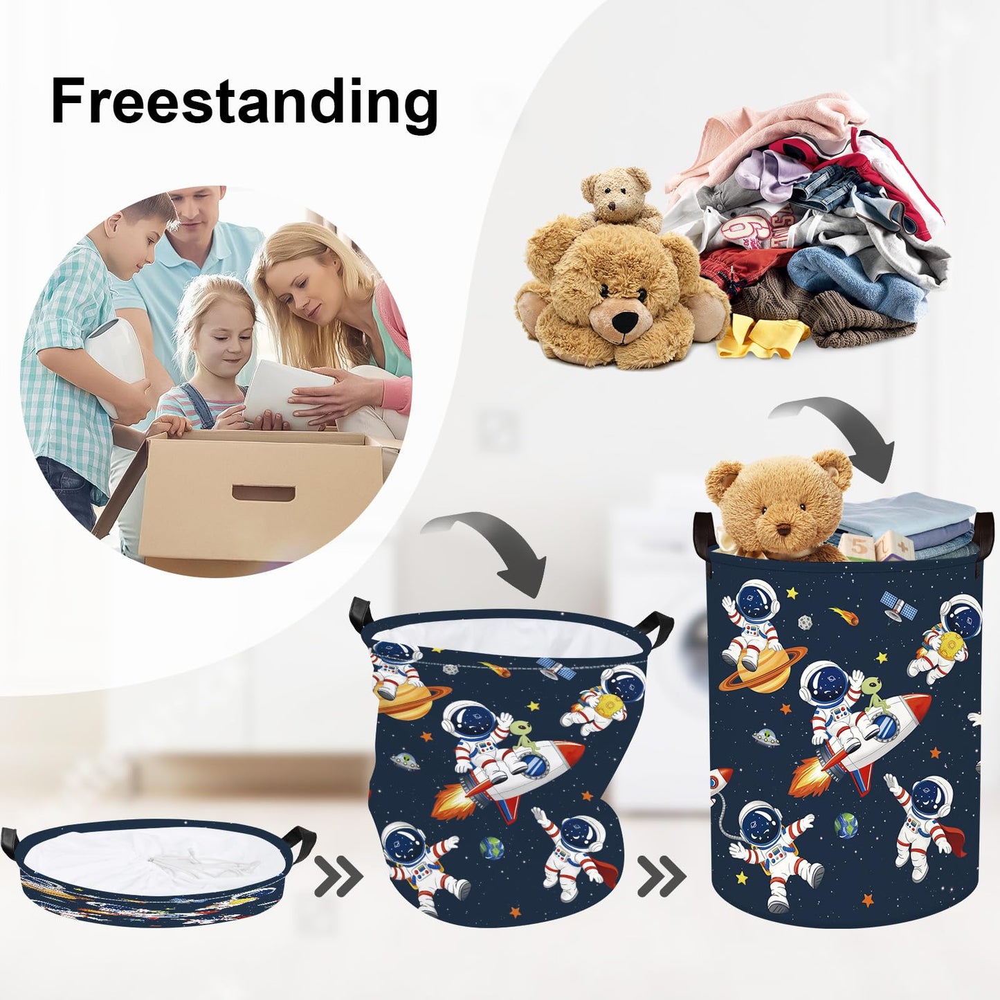 HUUMONSS Space Rockets Laundry Hamper Cartoon Astronaut Large Storage Basket Planet Collapsible Parents Organizer Boys Clothes Toy Bins for Bedroom, Bathroom, Alien, 63L