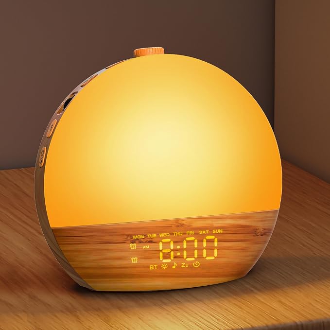 Geuuap Sunrise Alarm Clock, Noise Sound Machine Night Light, Wood Grain | 25 Soothing Sounds, 17 Dimmable lights, Dual Independent Alarms, Unlimited Snooze, Bluetooth Speaker, Backup Battery Memory