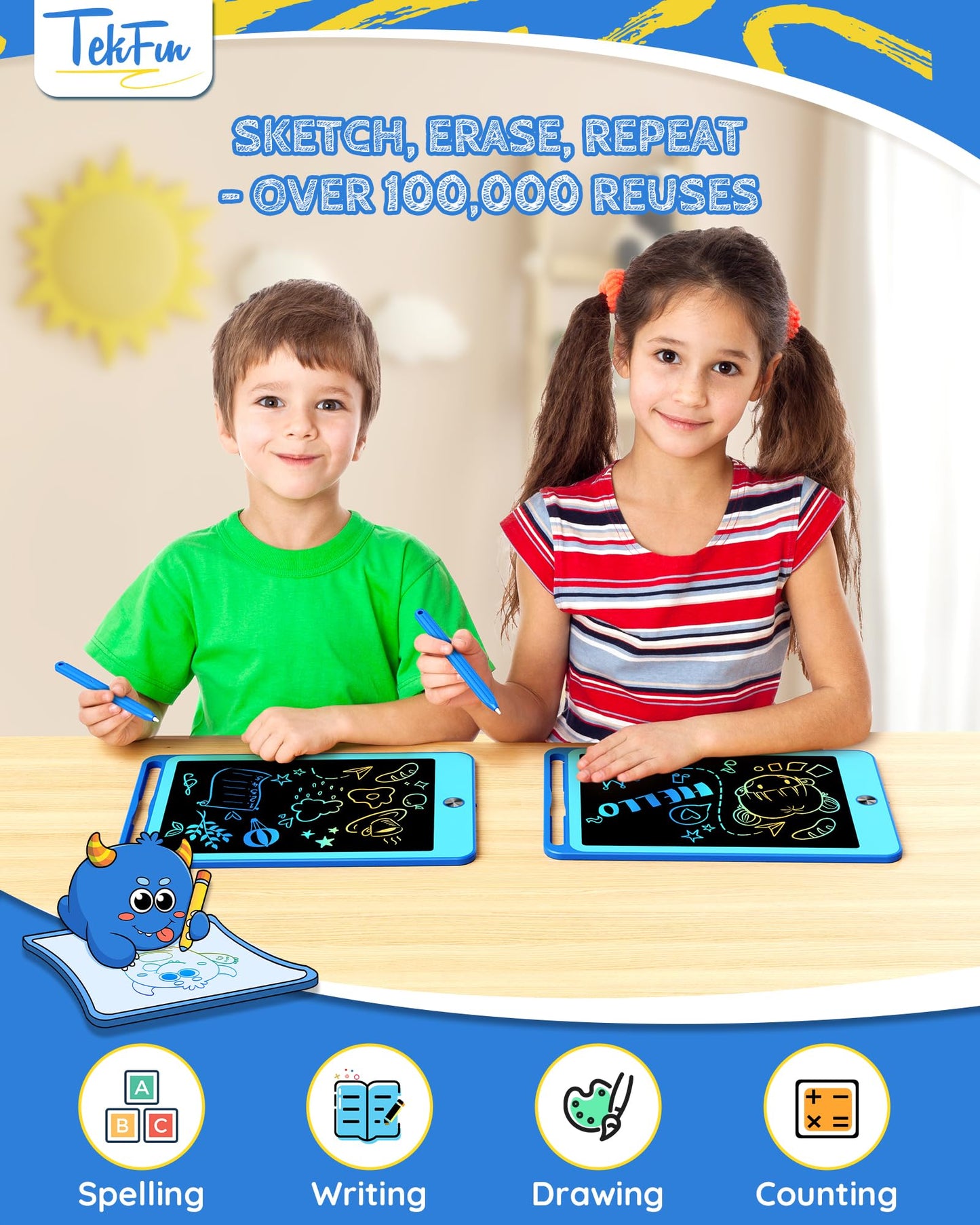 TEKFUN 2 Pack LCD Writing Tablet for Kids, 8.5 Inch Blue+Blue Doodle Board Drawing Board Reusable Drawing Tablet with Lanyard, Educational Kids Toddler Toys Birthday Gift for Boys Girls 3-12 Years Old