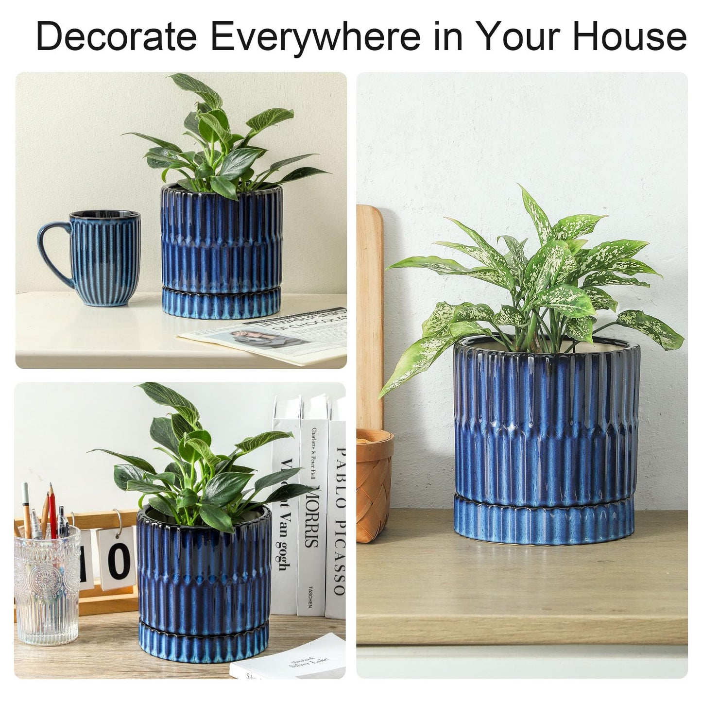 HASENSE Ceramic Plant Pots Set of 3 (8+6+4.6 Inch), Flower Planters with Drainage Hole and Saucer, Indoor Planter Pots for Succulents, Herbs, Ideal for Home Office Desktop Garden Decor(Blue)
