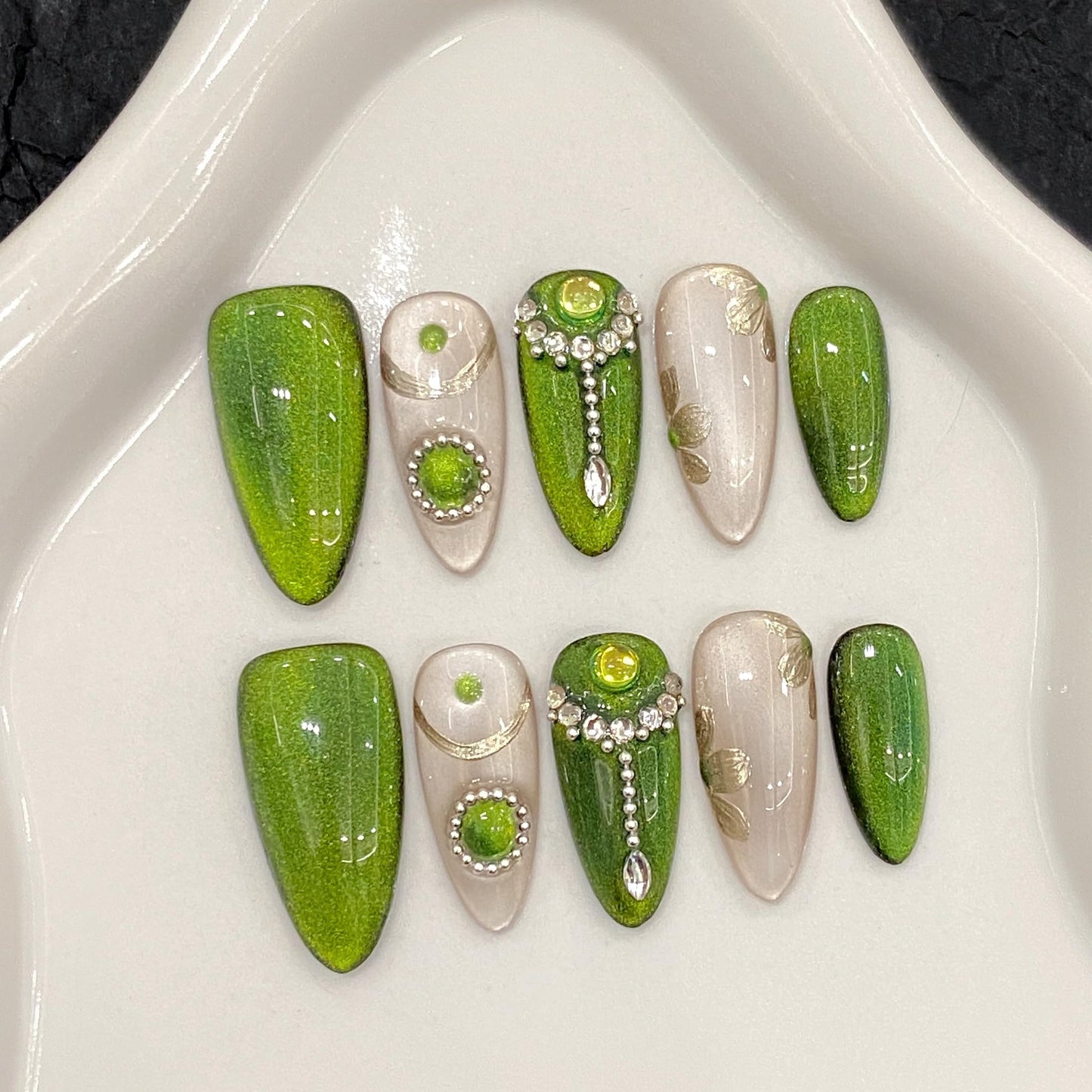 NLSJMP 3D handmade Gel nails press on false nails Almond hand-painted gentle green elegant acrylic Reusable fake nails designed kit,10 Nails Size S #1318