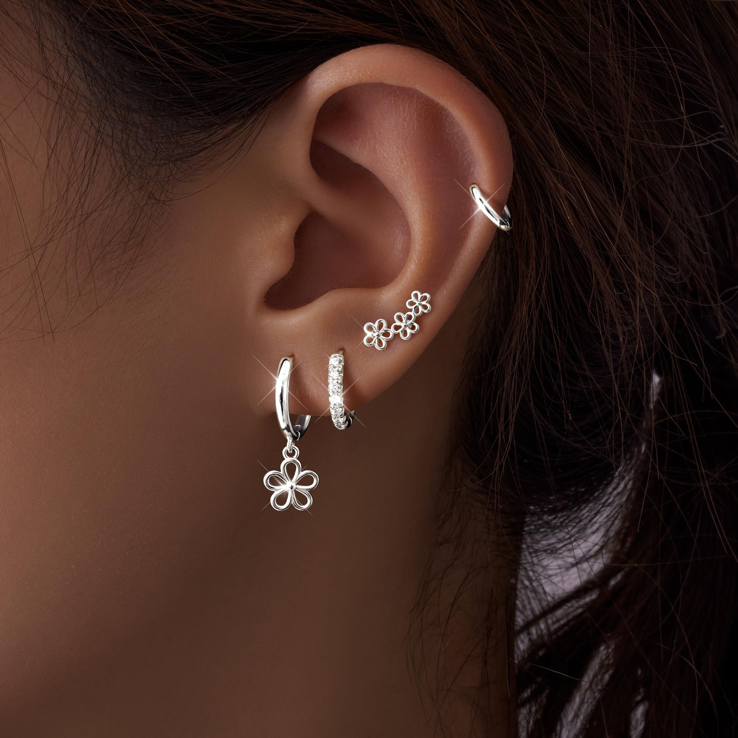 Flower Earrings for Women,Huggie Small Stack Cartilage Stud Hoop Silver Earring Sets for Multiple Double Piercing, Conch Helix Rook Tragus Daith Piercing Silver Clip On Jewelry Set Gifts