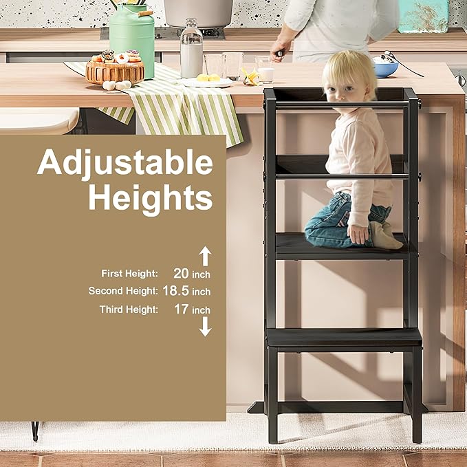 Kitchen Step Stool for Toddlers, Height Adjustable Toddler Tower with Safety Rail, Steel and Wood Toddler Kitchen Stool Helper Kids, Stool for Kids, Learning Tower, Kids' Desk Black