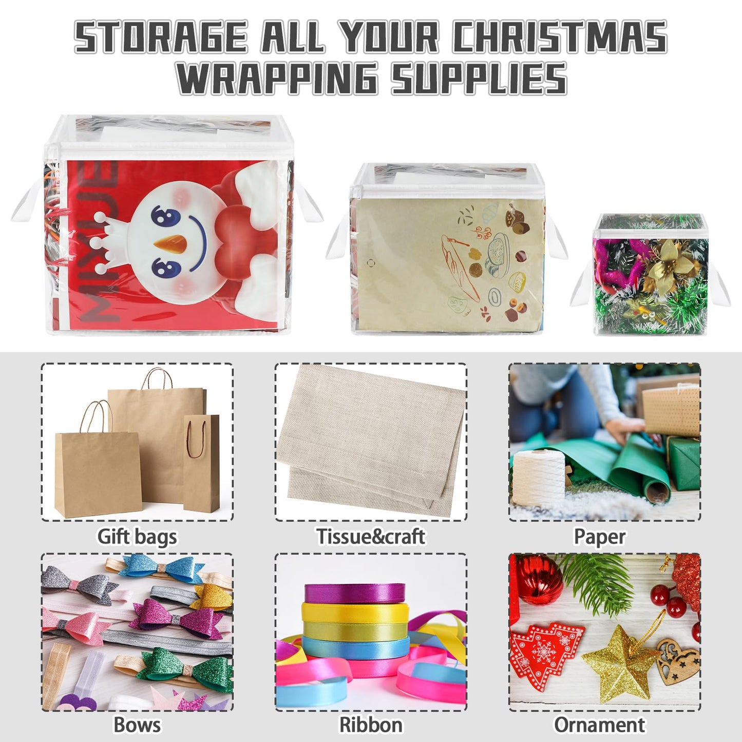 3 Pack Clear Zippered Gift Bag Storage Organizer with Handles,Organize Your Gift Wrap,Tissue Paper, Tape,Bow, Ribbon,Card,Ornament-Christmas Wrapping Supplies Storage Bag-3 Different Sizes（L+M+S)