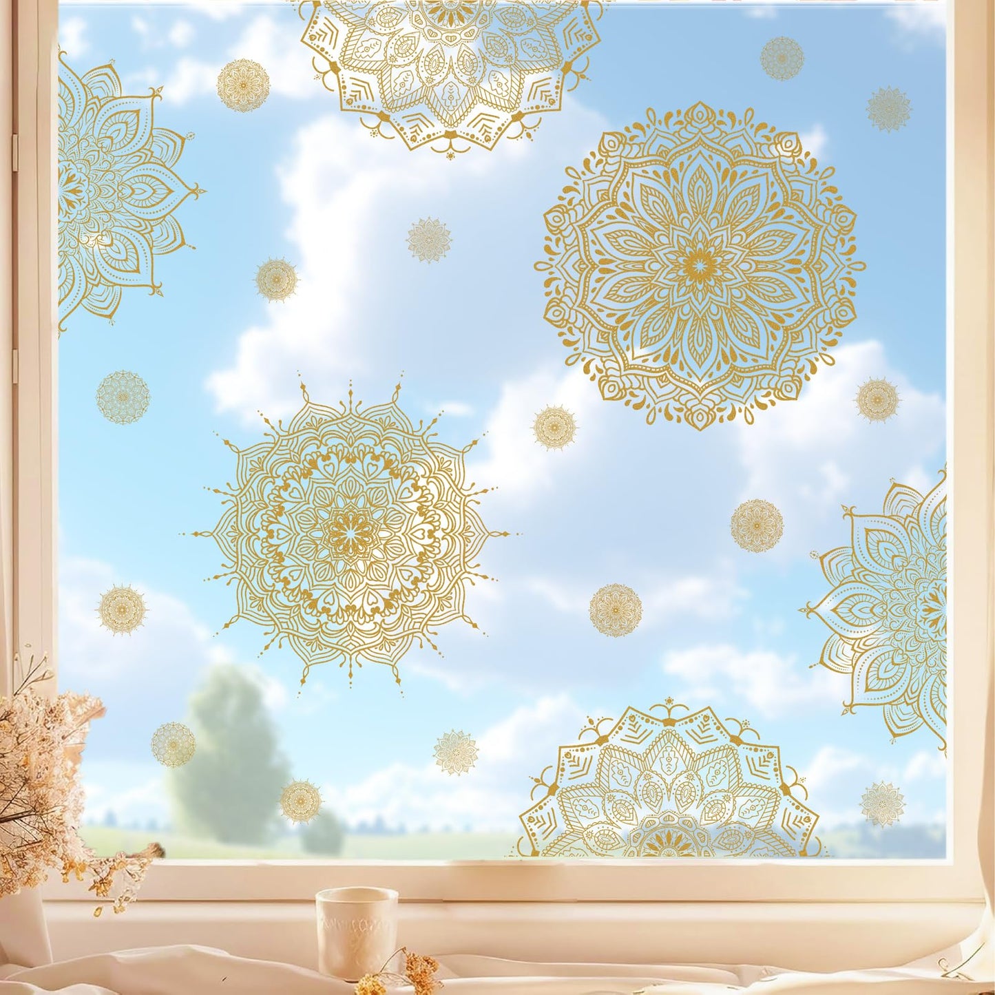 Kazova Gold Mandala Window Clings 22 Pcs 4 Sheets Double Sided Lotus Flower Window Stickers Vinyl Cling Non Adhesive Reusable Window Decals for Glass