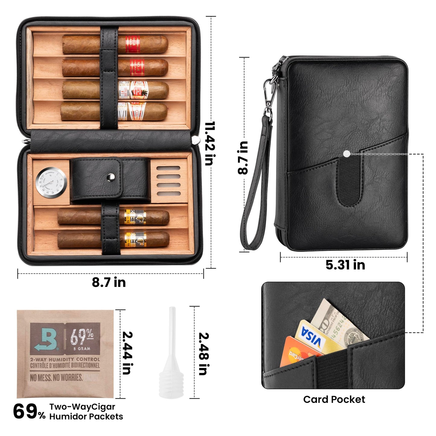 Cigar Humidor, Leather Cedar Wood Cigar Case with Multi-Functional，Hygrometer,Humidifier, Portable Cigar humidor,Carry Strap,Travel humidor Cigar Box, Cigar Gift for man.