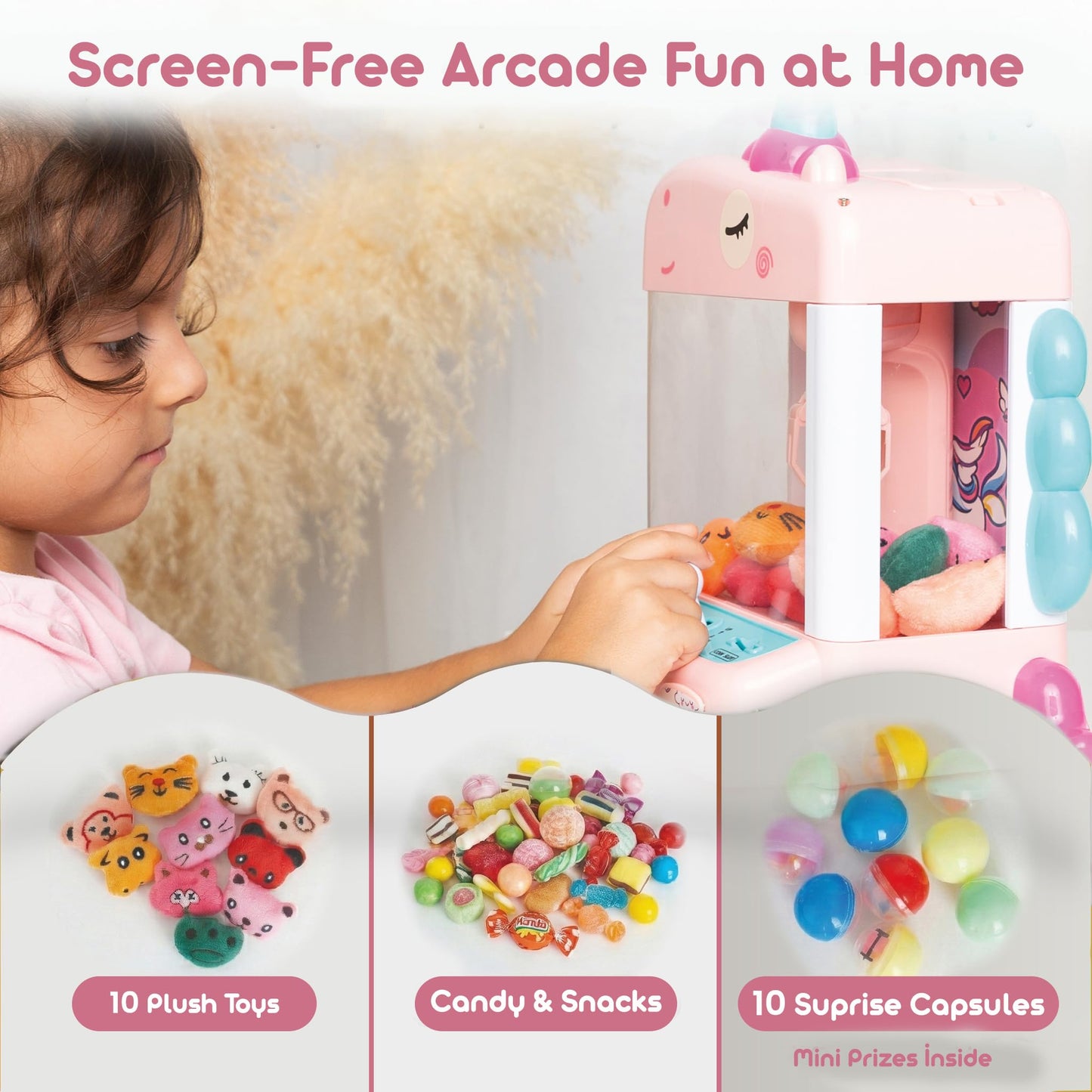 Claw Machine for Kids - Mini Arcade Game - Vending Machine - Candy Grabber Toys - Silent Mode, Lights, USB - Plush Toys & Easter Eggs, Surprise Stickers - Fun Gift for Kids, Boys & Girls (Unicorn)