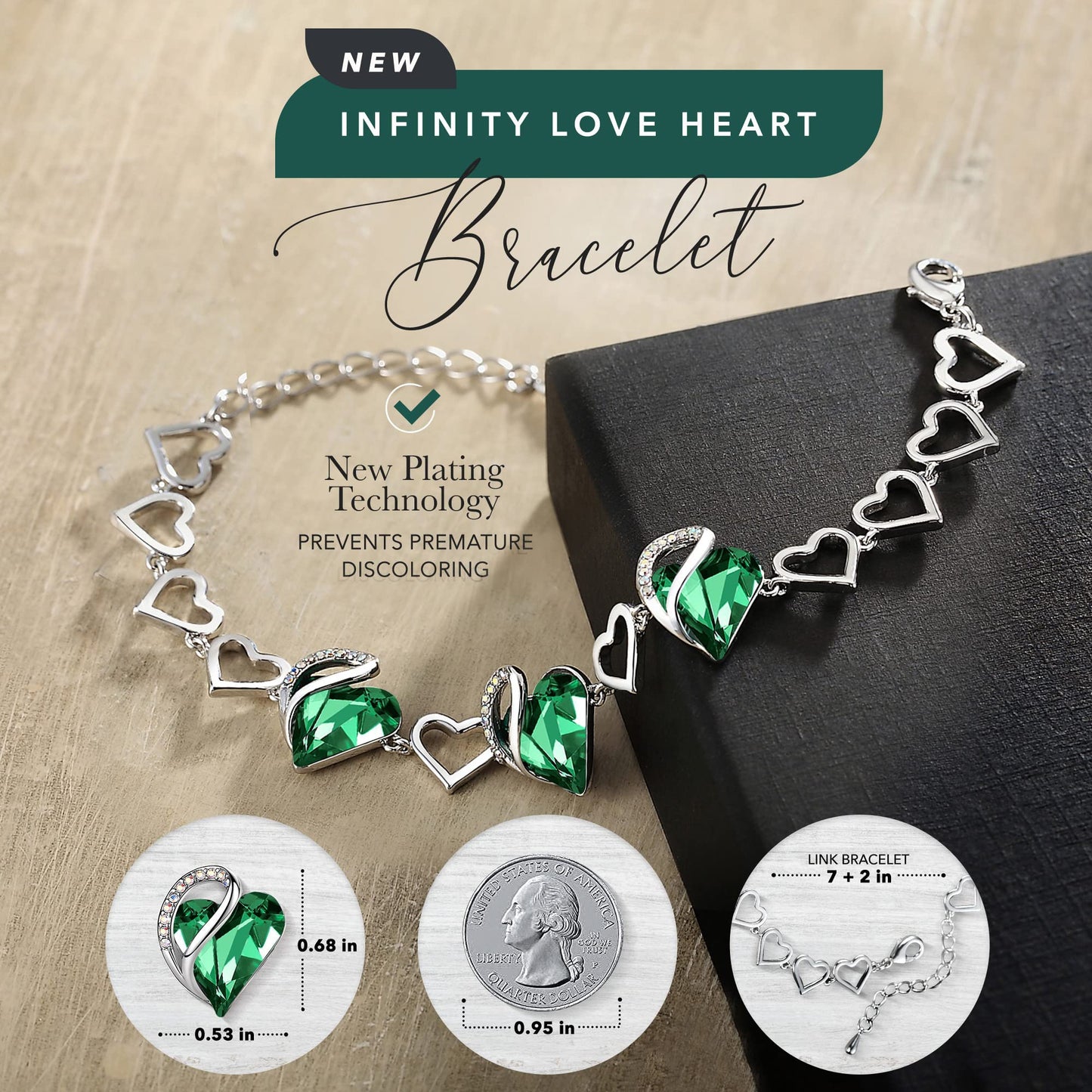 Leafael Mothers Day Gifts Infinity Love Heart Bracelet for Women, May Birthstone Crystal, Emerald Green, Silver Tone Adjustable Chain