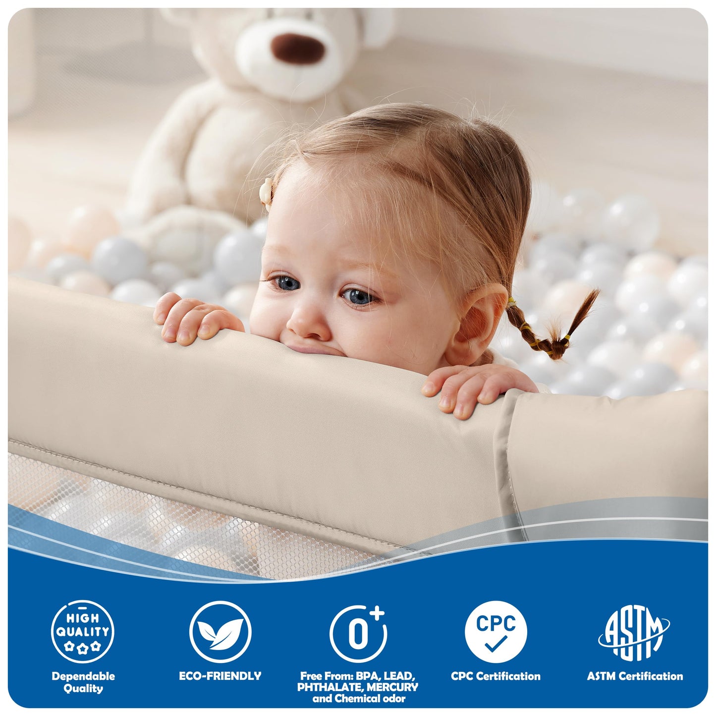 Sweeby Baby Playpen, 59x59 Inch Gate Foldable for Babies and Toddlers, Extra Large with Door Play Yard for Fence Indoor and Outdoor, Light Khaki