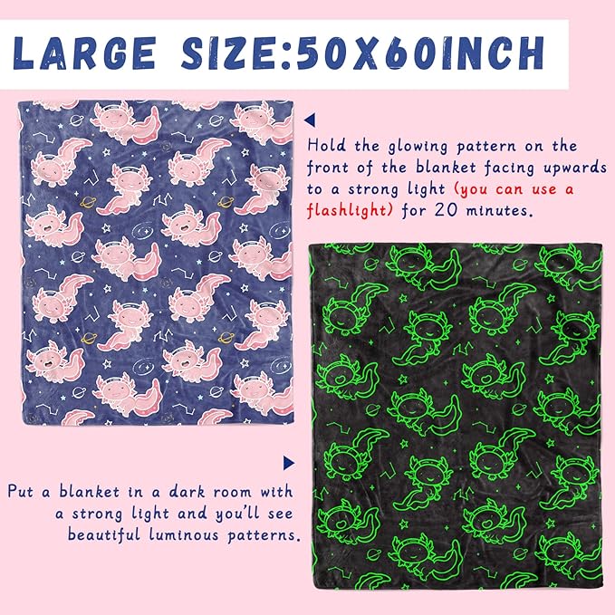 Axolotl Blanket Glow in The Dark Salamander Soft Blankets Pink Axolotl Gifts Toys Decor Cute Cozy Plush Blue Kids Throw for Boys Girls Teenage