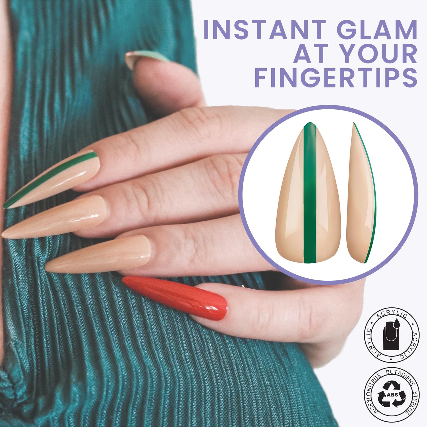 Allkem Bee Stripe Sculpted Stiletto Press on Nails | Glossy Extra Long Stiletto| 10 sizes - 20 pcs Nail kit with Glue