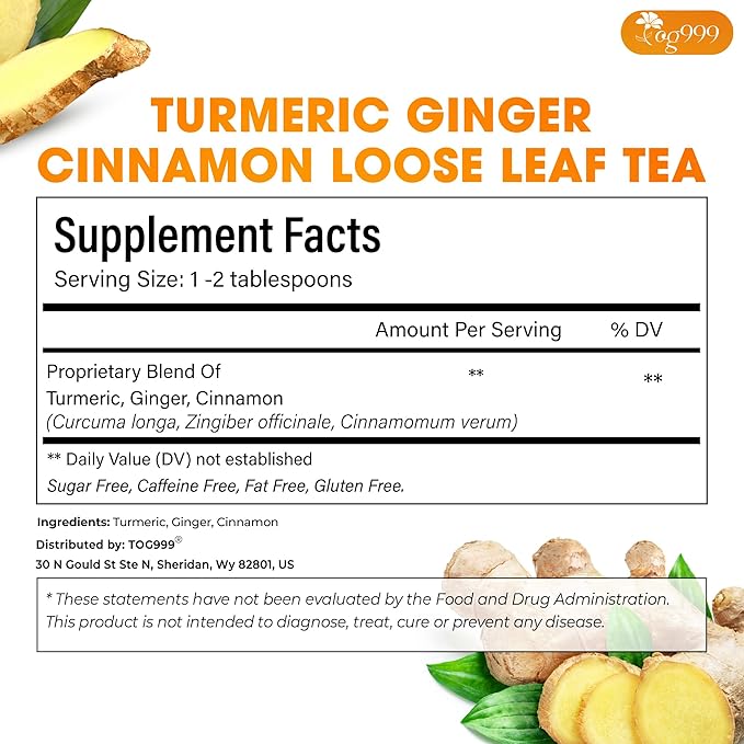 TOG999, Premium 15oz Ginger Turmeric Cinnamon Loose Leaf Herbal Tea - Premium Quality Spiced Herbal Blend – Caffeine-Free, Non-GMO, Natural Dried Roots and Bark. Vegan-Friendly.