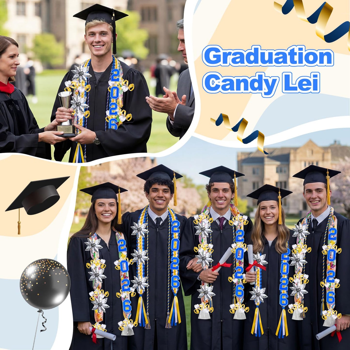 Spakon 13 Pcs Graduation Leis 2026 Graduation Candy Lei Kit Class of 2026 Ribbon Double Lei Necklace Party Accessories(Blue,White,Gold)