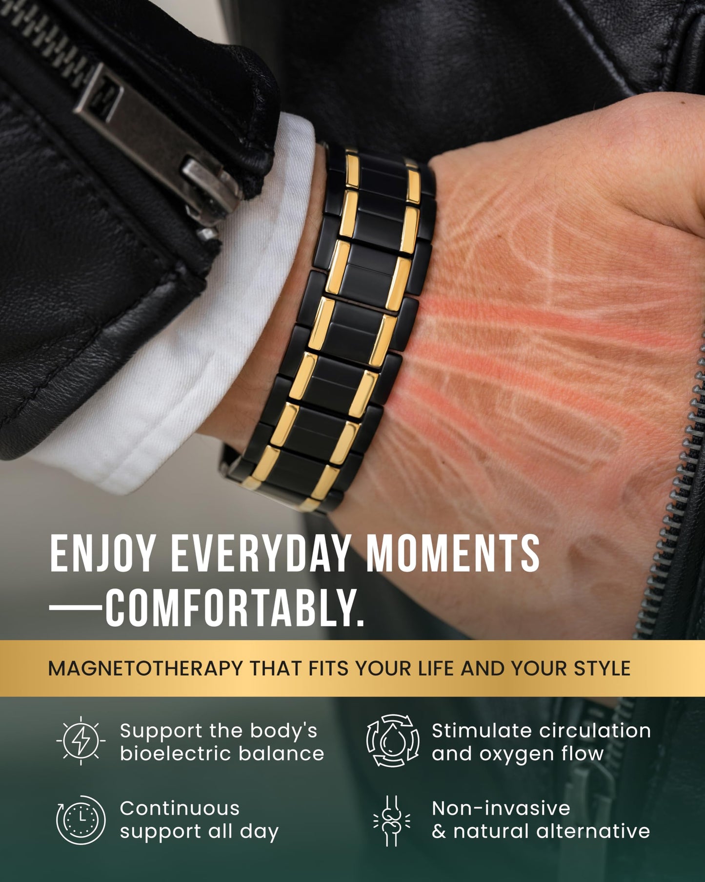 MagnetRX® 3X Strength Titanium Magnetic Bracelet – Magnetic Bracelets for Men – Premium Fold-Over Clasp and Adjustable Length with Sizing Tool (Black/Gold)