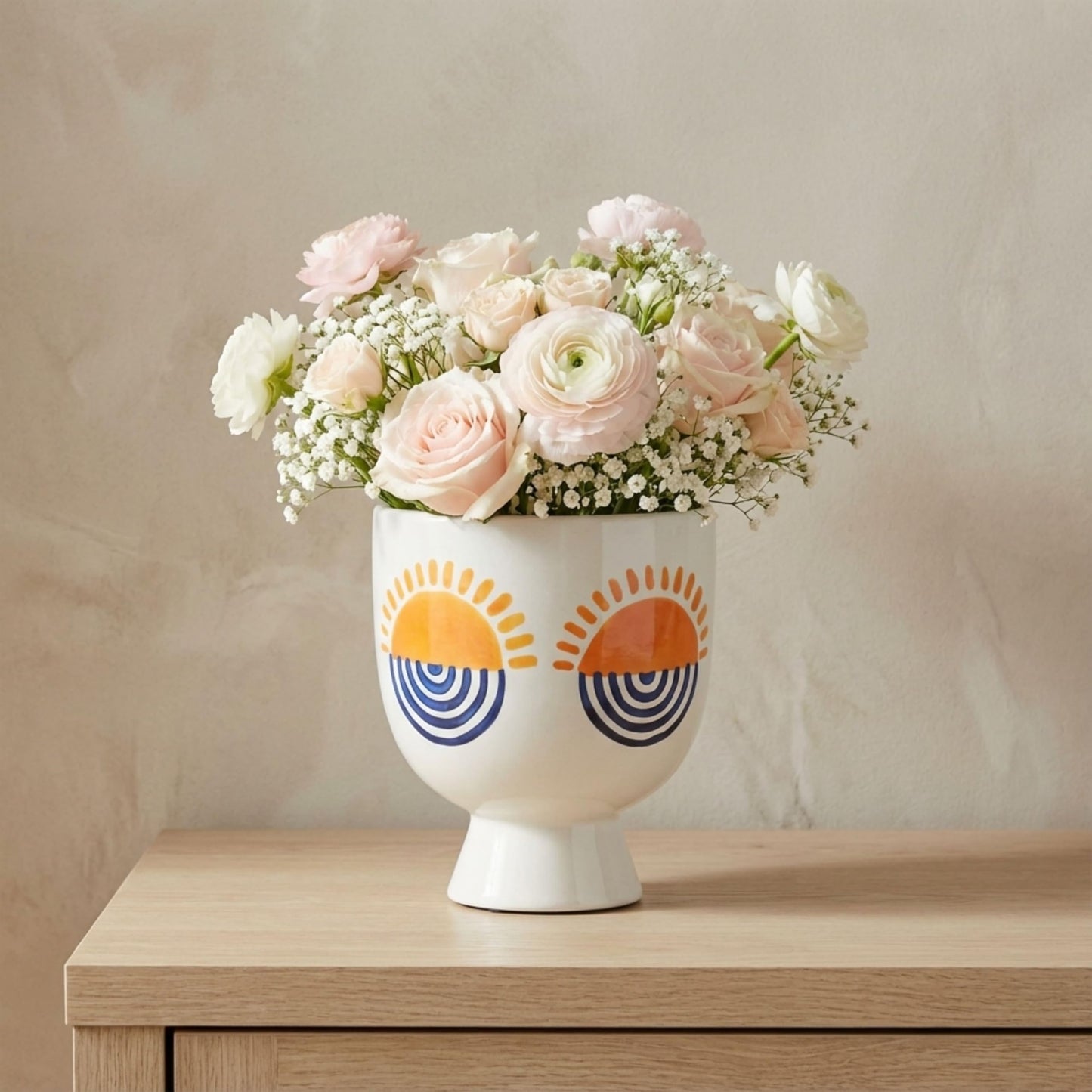 Sagebrook Home Boho Ceramic Planter with Pedestal Base - Hand-Painted Stoneware Plant Pot for Home & Garden - Modern Decorative Design - 7" White