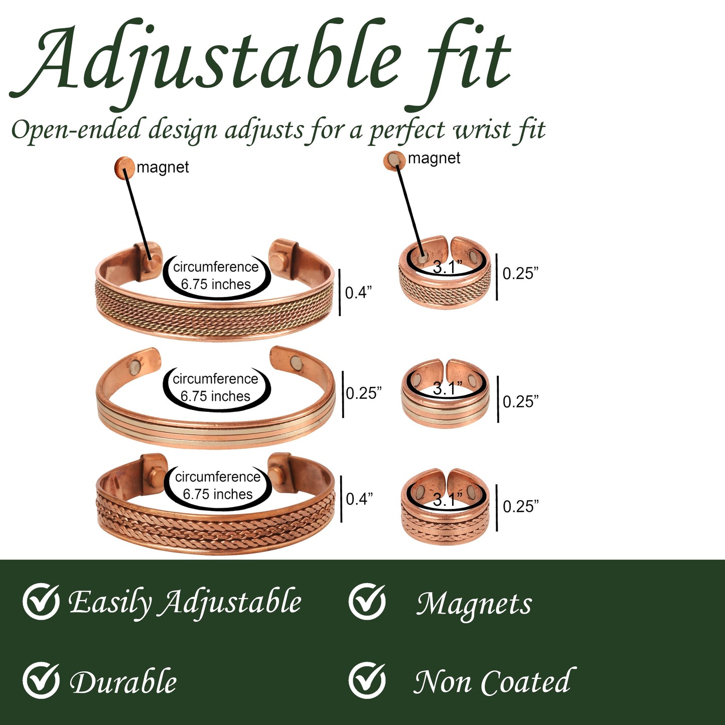 Touchstone Handcrafted Copper Magnetic Hand Forged With Solid And High Gauge Spiral Wire Braided Minimalistic 3 Bracelets And Matching Finger Combo In Two Tones For All.