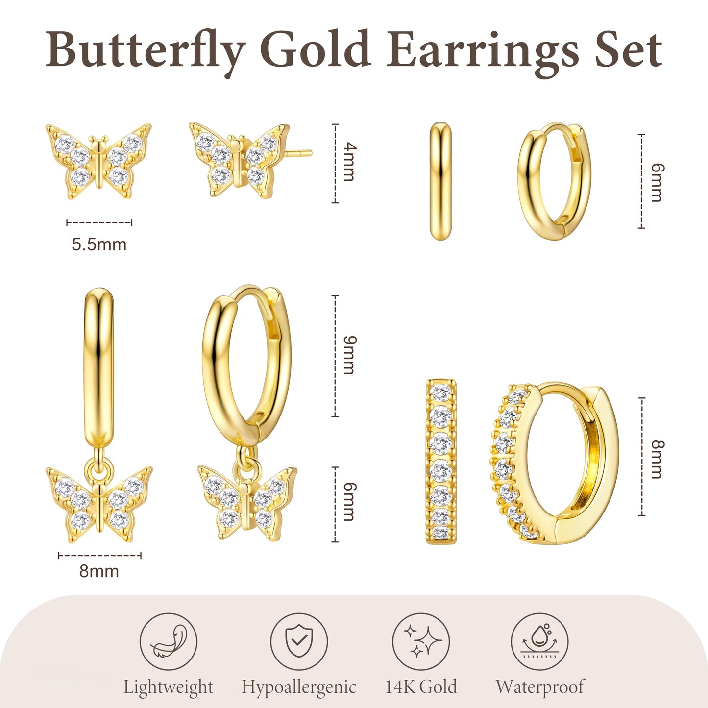 Gold Butterfly Earrings for Women, Huggie Small Stack Cartilage Stud Hoop Earring Sets for Multiple Double Piercing, Conch Helix Rook Tragus Daith Piercing Gold Clip On Jewelry Set Gifts