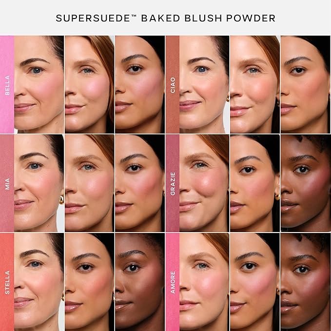 Saie SuperSuede Baked Blush - Talc-Free Powder Blush for Cheeks Infused with Hyaluronic Acid, Glycerin + Squalane - Hydrating Face Makeup for a Natural, Diffused Flush of Color - Grazie (0.1 Ounce)
