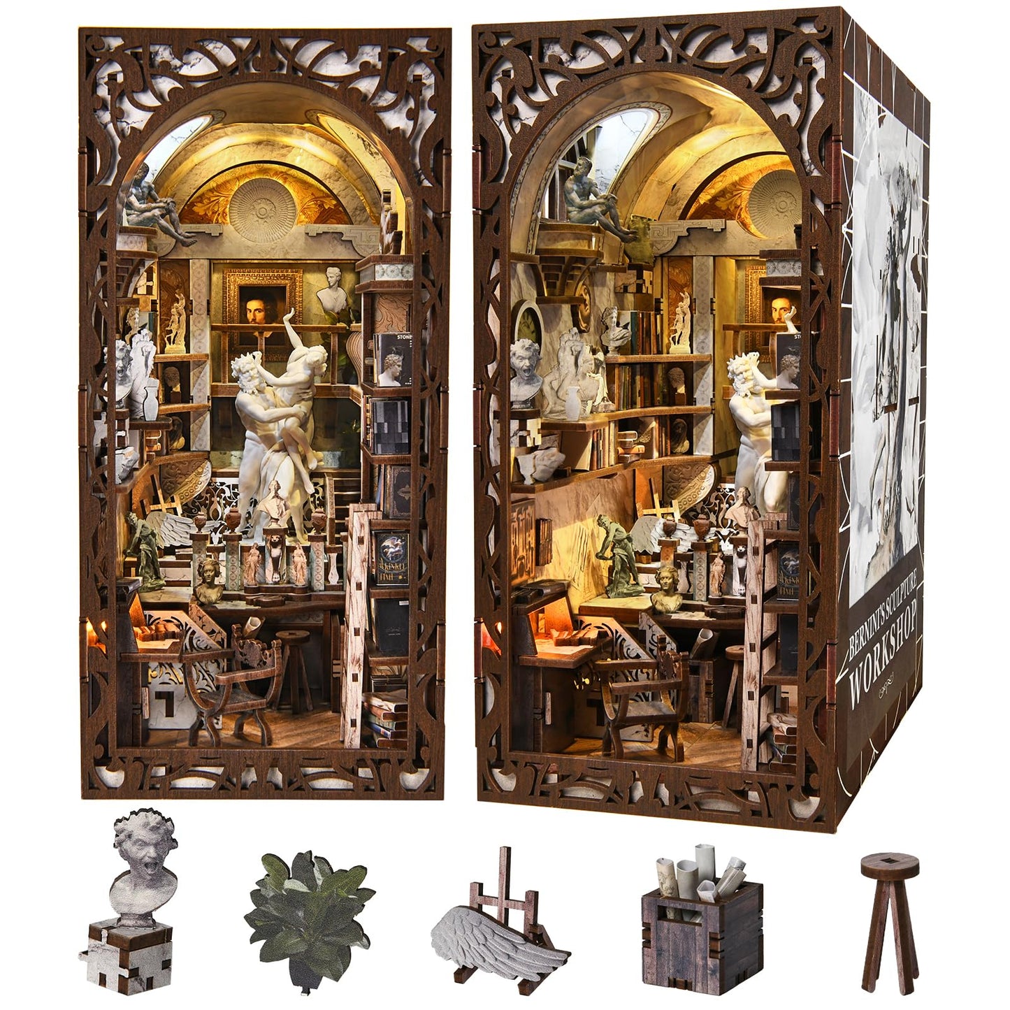 CCCDF DIY Book Nook Kit, 3D Wooden Puzzle for Adults, Teens, DIY Miniature Dollhouse Booknook Kit Bookend Bookshelf Insert Decor with LED Light (Bernini's Sculpture Workshop)