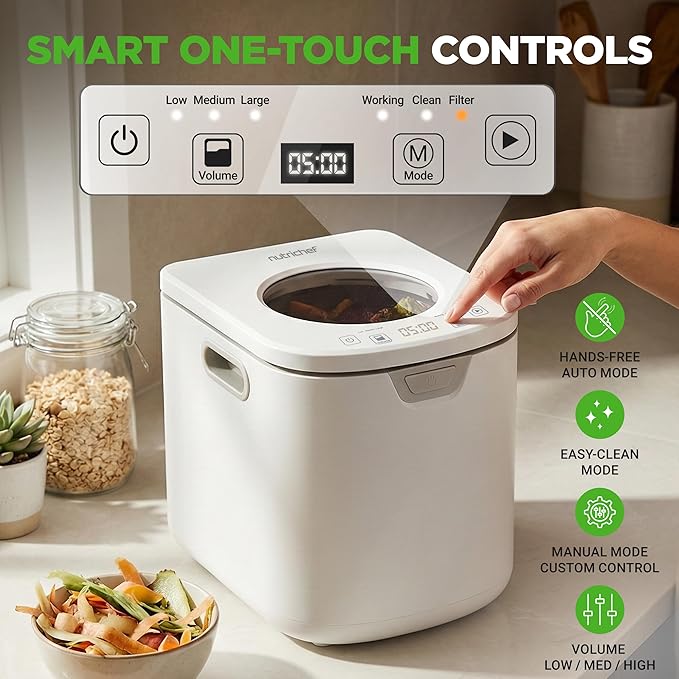 NutriChef 4 Quart Electric Kitchen Composter | Smart Countertop Composter Includes 2 Odorless Carbon Filters | Electric Compost Bin for Indoor Use | 3 Volume Based Modes Small, Medium & Large | White