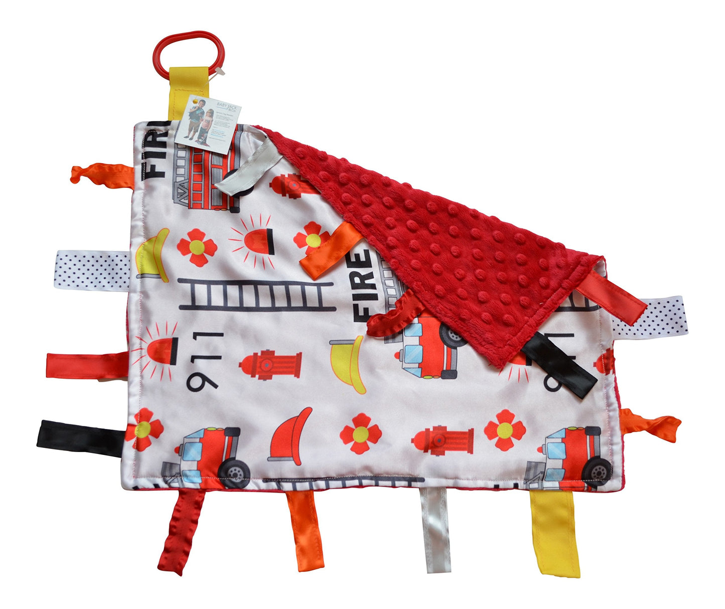 Baby Sensory, Security & Teething Closed Ribbon Tag Lovey Blanket with Minky Dot Fabric: 14”X18” (Firefighter)